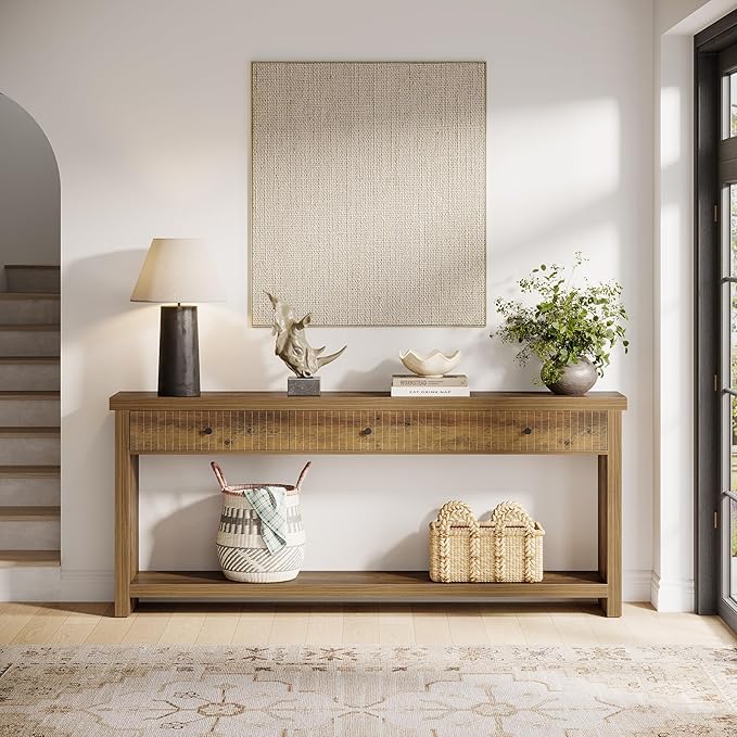 Tribesigns 70.9-Inch Extra Long Entryway Table with 3 Drawers, Sofa Console Table with Open Storage Shelves, Wooden Couch Foyer Tables for Living Room Hallway Entrance