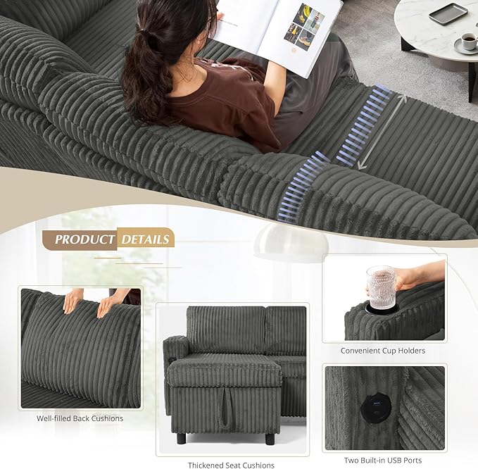 110" Corduroy Pull Out Sofa Bed w/Adjustable Backrests, Sectional U-Shape Sleeper Sofa w/Storage Chaise, Convertible Couch Bed w/USB Charging Port & Cup Holders for Living Room, House, Grey