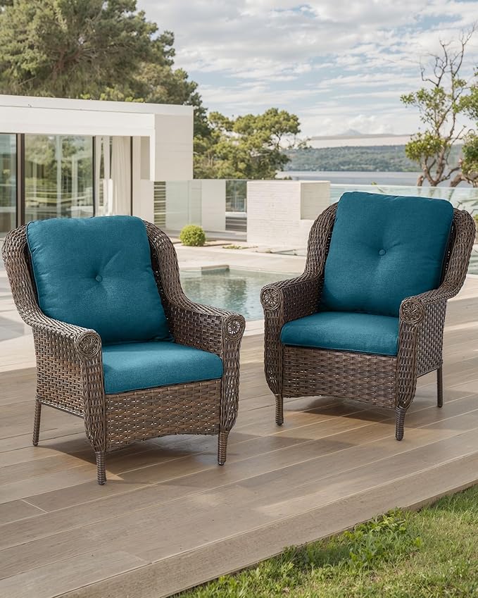 Patio Wicker Chairs Outdoor Furniture Chair - Set of 2 Outside All Weather Lawn Dining Brown Rattan Armchair with High Back&Deep Seating for Deck Porch Balcony Backyard Garden - Peacock Blue