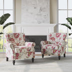 Accent Chair, Upholstered High Back Floral Armchair with Nailhead Trim & Wood Legs, Comfy Wingback Reading Single Sofa Chair for Small Spaces, Living Room, Bedroom (White Floral, Set of 2)