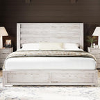 AMERLIFE Farmhouse King Size Bed Frame with 49" Fluted Headboard, Wood Platform Bed with Natural Wood Grain, No Box Spring Needed/Noise Free, Distressed White