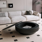 39.37'' Round Coffee Table for Living Room, Fluted Coffee Table with Hidden Storage, Solid Wood Veneered Circle Table, Modern Tea Table for Small Space Apartment (Black)