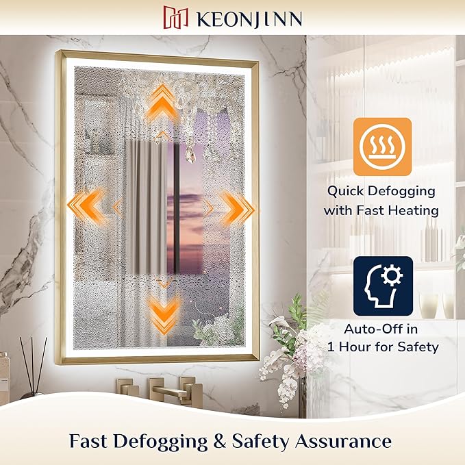 Keonjinn 42” x 36” LED Bathroom Mirror with Frontlit & Backlit, Gold Metal Framed Beveled Edge Mirror for Wall, LED Mirror with Anti Fog, Stepless 3-Color Temperature, UL-Listed LED Driver