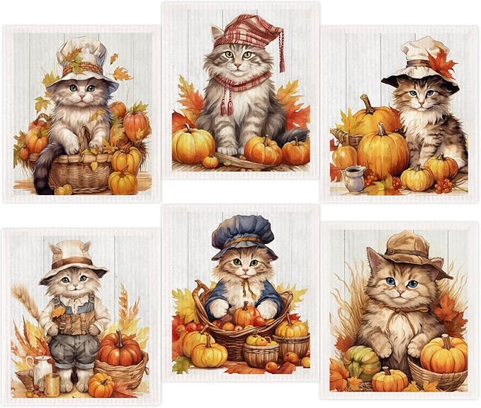Morigins Swedish Dishcloths for Kitchen,6 Pack Fall Pumpkin Cat Swedish Dish Towels,Cellulose Sponge Cloths,Non Scratch Reusable Paper Towels, Biodegradable and Reusable Kitchen Dish Rags