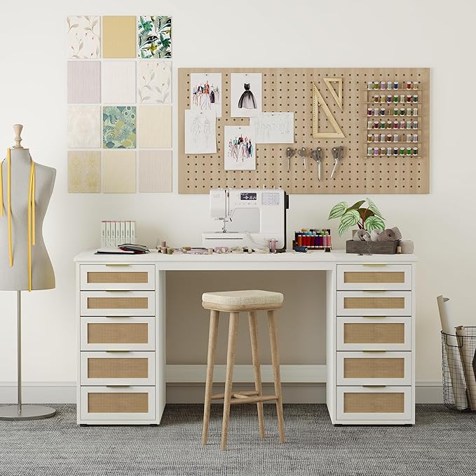 WOPITUES 60" Boho Home Office Desk with 10 Wooden Drawers, Rattan Computer Writing Desk with Power Outlets, Large Executive Desk with Storage Cabinet for Work Study Writing Craft, Wood-Grain White