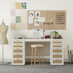 WOPITUES 60" Boho Home Office Desk with 10 Wooden Drawers, Rattan Computer Writing Desk with Power Outlets, Large Executive Desk with Storage Cabinet for Work Study Writing Craft, Wood-Grain White