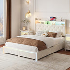 Queen LED Bed Frame with Storage Headboard & Charging Station, Velvet Fabric Platform Bed Frames with 4 Drawers, No Box Spring Needed, Button Tufted Upholstered, Beige