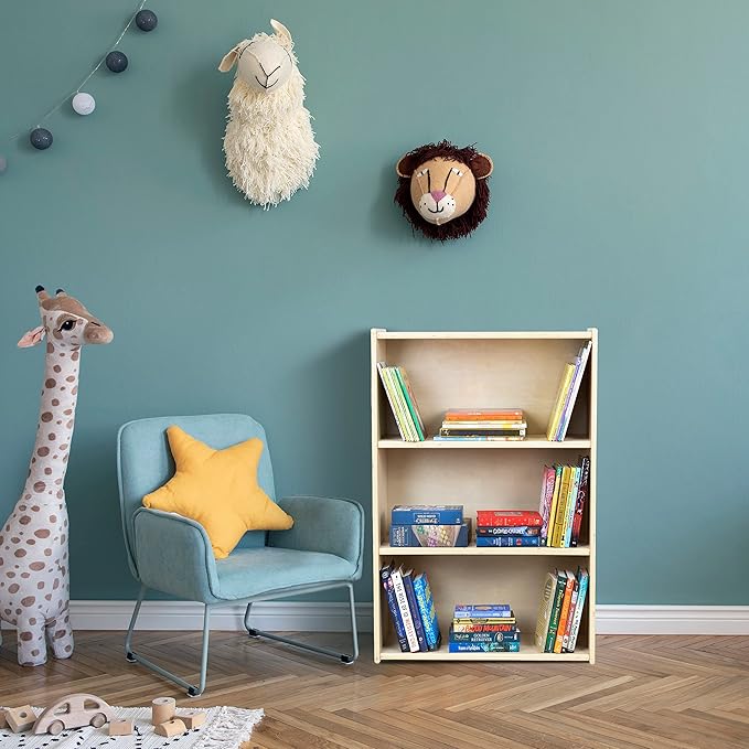 Child Three-Shelf Bookcase, 41.5”H x 24”W x 11.5”D Sturdy Birch Plywood Shelves for Daycare Storage of Books, Toys, Supplies, Smooth Natural Wood (42")