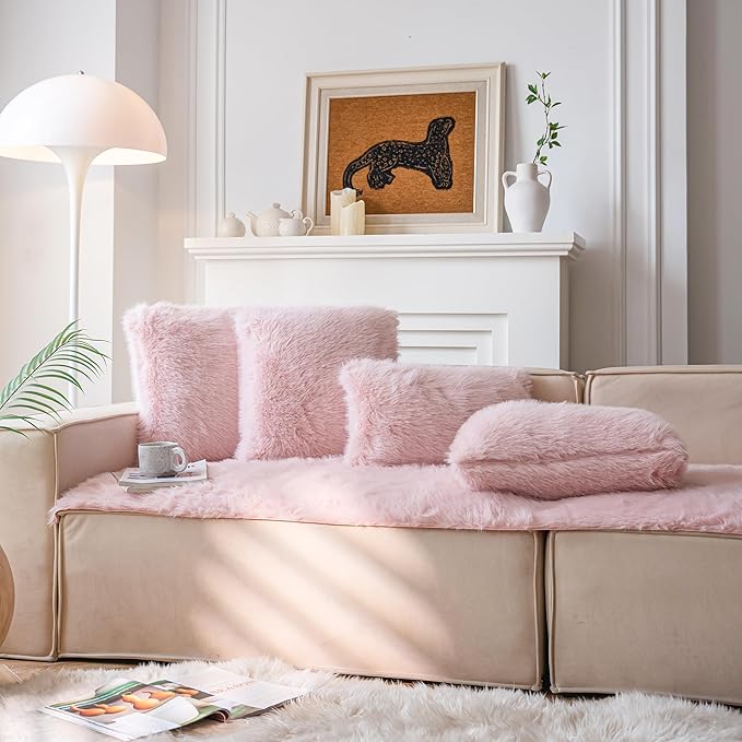 Neelvin Pink Faux Fur Cozy Fluffy Double-Sided Decorative Throw Pillow Covers 20x20 inch Set of 2,Velvet Pillowcase Cushion Case for Sofa Couch