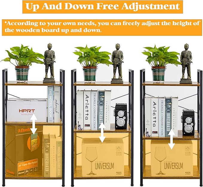 HCHQHS Small Bookshelf, Adjustable 3-Tier Industrial Bookcase, Rustic Open Book Shelf, Wood and Metal Horizontal Bookshelves