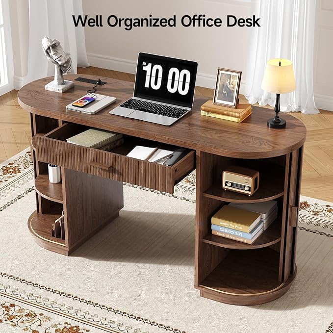 ONBRILL 58" Fluted Executive Desk with Storage, Home Office Desk with Drawers, Wood Computer Writing Desks with Charging Station for Study Living Room Bedroom Work Walnut