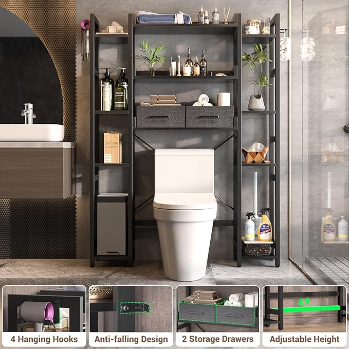 Over The Toilet Storage with 2 Drawers - 11 Tier Bathroom Organizer Freestanding Space Saver Storage Rack with Adjustable Shelf Above Toilet Stand with 4 Hooks for Restroom, Laundry, Black