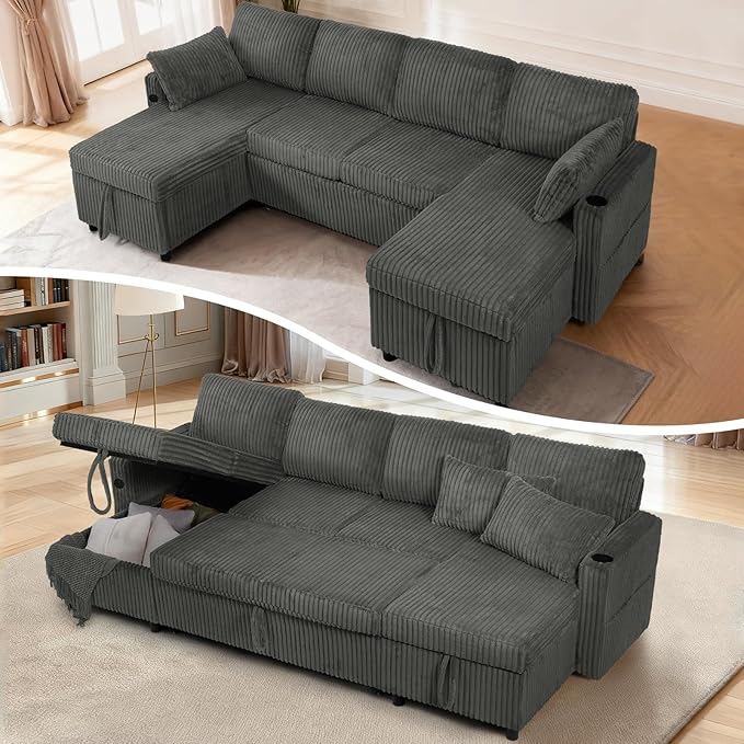 110" Corduroy Pull Out Sofa Bed w/Adjustable Backrests, Sectional U-Shape Sleeper Sofa w/Storage Chaise, Convertible Couch Bed w/USB Charging Port & Cup Holders for Living Room, House, Grey