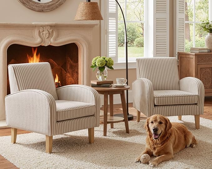 Farmhouse Striped Accent Chairs for Living Room Set of 2, Linen Fabric Modern Comfy Armchairs with Cushion, Upholstered Striped Reading Chairs for Bedroom Couch Chair with Wood Legs, Khaki