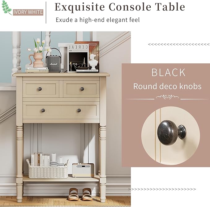 Knocbel Slim Antique Entry Console Table with 3 Drawers & Bottom Open Shelf, Solid Wood Narrow Sofa Couch Table for Entryway Hallway Living Room 23.7" W x 13" D x 31.4" H Beige