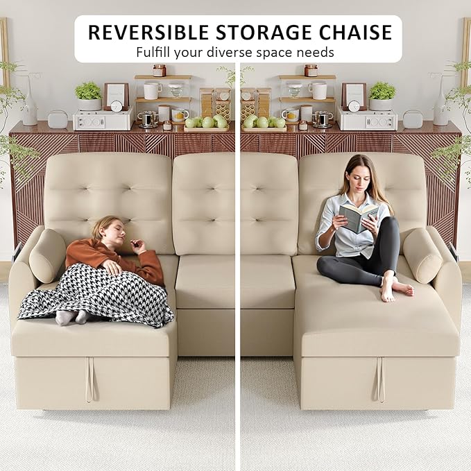 Ucloveria Sleeper Sofa Bed, 86" Convertible Sectional Sofa Couches for Living Room, Pull Out Couch Bed with Reversible Storage Chaise | USB Ports | Side Pockets | Removable Backrest
