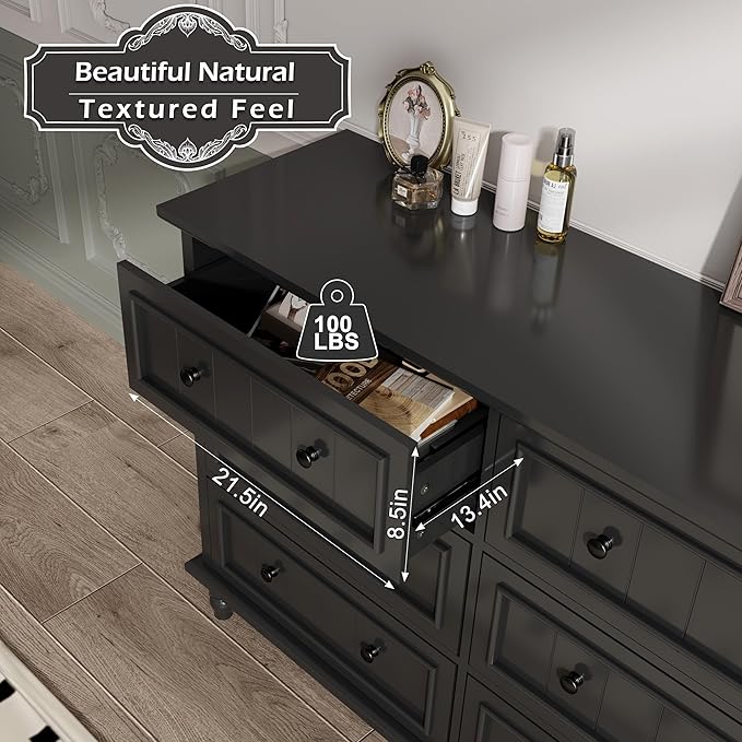 Scurrty Antique 6 Drawer Dresser, Modern Chest of Drawers, Large Cabinet with Storage, Big Dresser for Clothes in Living Room, Bedroom (Black)