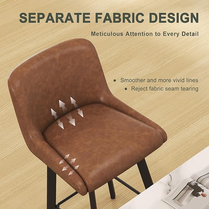 Swivel Bar Stools Set of 4, 30''H Upholstered Barstools with Backs, Modern Counter Height Bar Stool Chairs for Kitchen Island, Metal Legs, Faux Leather, Brown Counter Stools
