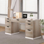 Computer Desk with Storage Drawers, 54 Inch Executive Desk with 7 Drawers for Bedroom, Office Desk with File Drawers for Work Study Writing, Small Spaces, White and Walnut
