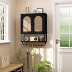 RUSTOWN Rattan Bathroom Wall Cabinet, Boho Over The Toilet Storage Cabinet with Arched Rattan Doors, Modern Medicine Cabinet with Adjustable Shelves & Towel Bar (Black, Medium)