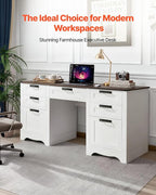 VEVOR 60" Executive Desk with Drawers, Farmhouse Home Office Desk with Charge Station, Keyboard Tray, File Storage Cabinet, 200 LBS Load Capacity Wood Table, Easy Assembly, for Work Study, Walnut
