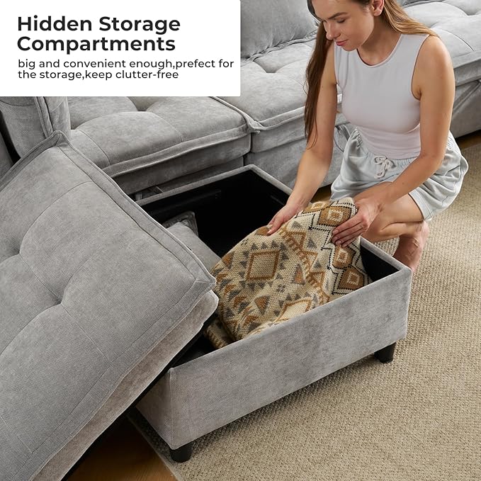 103" Modular Sectional Sofa, L-Shaped Corduroy Comfy Sectional Couches for Living Room, 3-Seater Cloud Couches with 1 Ottoman, Modern Deep Seat Sofa with Large Storage, Grey