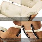 Top Cream White Grain Leather, Mid Century Chaise Lounge Chair and Ottoman, Modern Chair Classic Design, Walnut Wood, Heavy Duty Base Support for Living Room Office