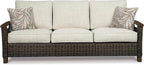 Signature Design by Ashley Paradise Trail Outdoor Patio Sofa with Cushion and 2 Throw Pillows, Cleanable Performance Fabric, Resin Wicker, Brown & Beige