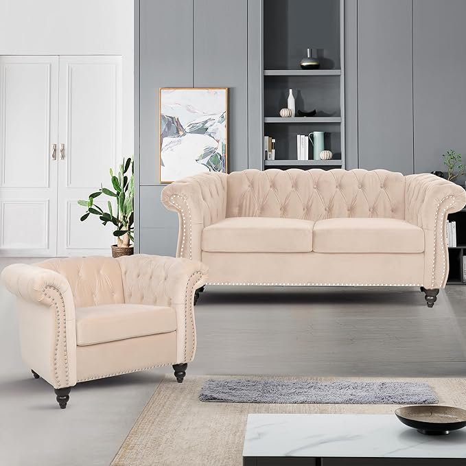 Accent Sofa Chair for Living Room, Mid Century Modern Velvet Upholstered Armchair, Oversized Comfy Single Couch Chair with Cushion, Tufted Chesterfield Sofa Couch for Home, Bedroom, Apartment (Beige)