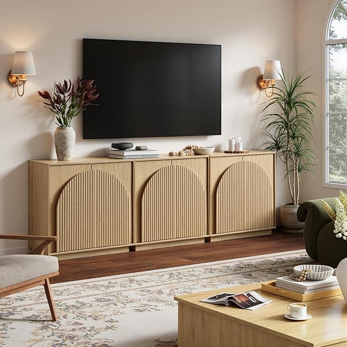 win2win Fluted Sideboard Buffet Cabinet with Storage, 31.5" Modern Boho Accent Cabinet with Double-Layered Arch Doors, Small Wood Console Credenza for Living Room, Dining Room, Entryway, Hallway, Oak