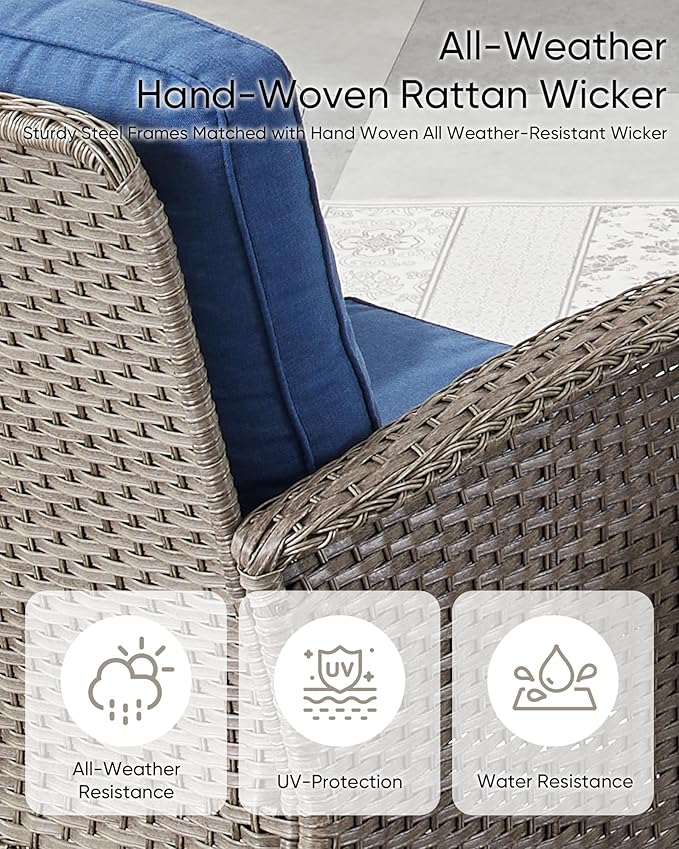 HUMMUH Wicker Patio Furniture Set-All Weather Rattan Patio Sofa Set with Swivel Rocker Chairs Outdoor Conversation Set for Deck Lawn Porch Balcony Poolside-Grey/Blue