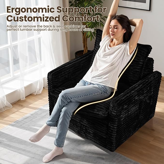 Swivel Accent Chair Set of 2, Modern Sofa Chairs for Living Room, Plush Upholstered Cloud Chair with Double Layer Thick Cushions, Bedroom Reading Nook Armchair, Black