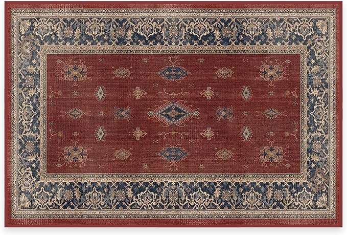 RUGGABLE Washable Vintage Area Rug – Verena Amber Red 2x3, Stain-Resistant, Non-Slip – Small Machine Washable Rugs for Living Room, Bedroom, Hallway, Entryway & Bathroom–with Cushioned Pad