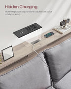 VASAGLE 70.9-Inch Console Table with Outlet and Shelves, Sofa Table with Charging Station, Behind Couch Table Skinny, Entryway Table for Hallway, Living Room, Heather Greige and Ink Black ULNT118B02