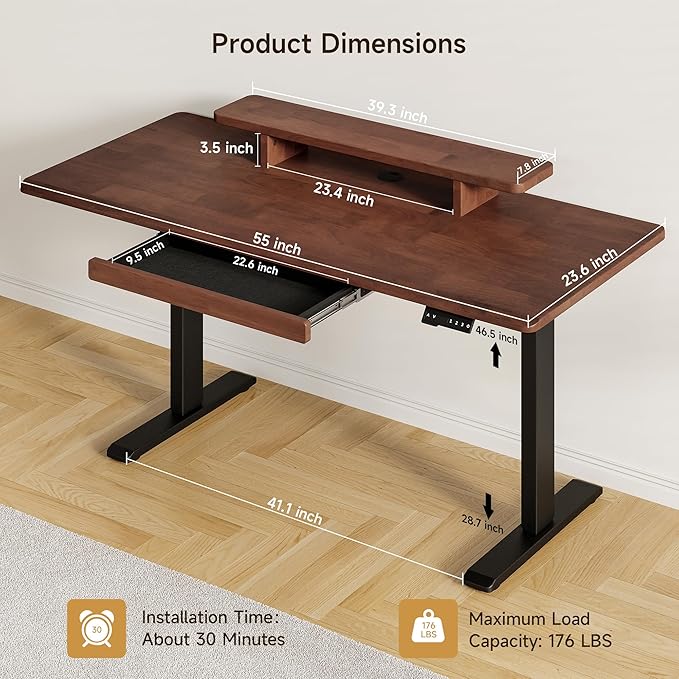 ONBRILL Standing Desk with Drawer, 55x23.6 Inches Solid Wood Desktop Stand Up Desk with Whole-Piece Board and Storage Shelf, Adjustable Height from 28-46 Inches for Home & Office, Black Walnut