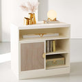 Modern Wood Accent Cabinet with Sliding Door, Adjustable Open Shelves & Gold Handle Storage Cabinet for Home Office, 31W*20D*29H, White Rattan