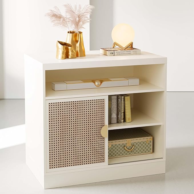 Modern Wood Accent Cabinet with Sliding Door, Adjustable Open Shelves & Gold Handle Storage Cabinet for Home Office, 31W*20D*29H, White Rattan