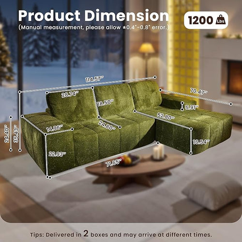 114" Glitter Cloud Sectional Couch with L-Shape Chaise, Modern Boneless Couches for Living Room Christmas Party, Fluffy Tufted Deep Seat Modular Sofa in a Box No Assembly
