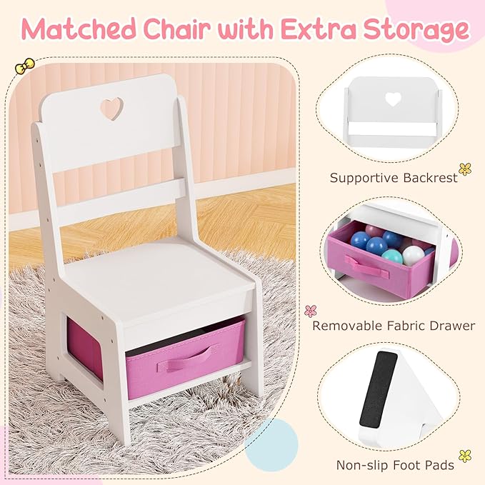 Costzon Kids Vanity, Girls Vanity Set with Lighted Mirror, Bookshelf, Jewelry Storage, Toddler Makeup Vanity Desk Dressing Table, Wooden Kids Vanity Table and Chair Set (White)