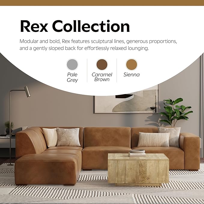 SIMPLIHOME Rex Left Corner Sectional Modular Sofa and Ottoman Set in Full-Grain Genuine Leather, Sienna, 116-inch-wide L-Shaped Leather Sofa and Matching 34-inch-Wide Table Ottoman for Living Room