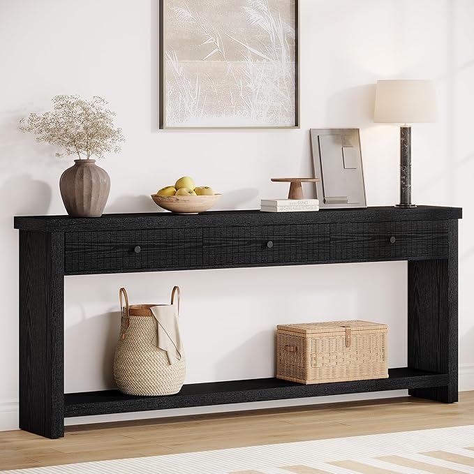 Tribesigns 70.9 inch Sofa Console Table with 3 Drawers, Extra Long Entryway Table with Open Storage Shelves Wooden Couch Table Foyer Tables Furniture for Living Room Hallway Entrance, Black