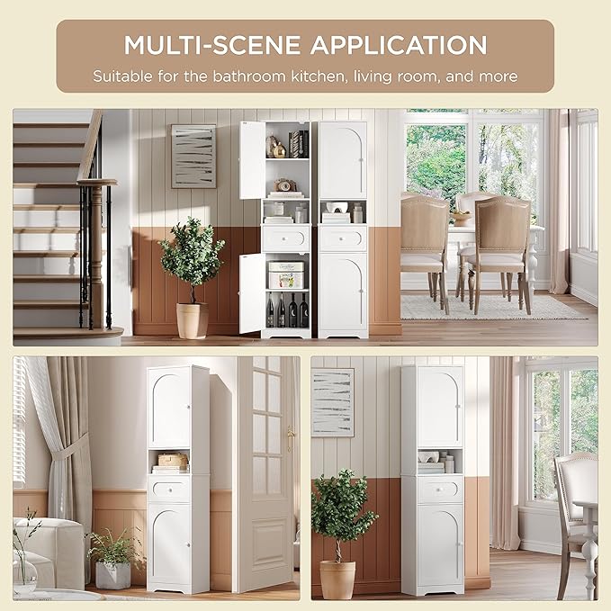Maupvit 65" Tall Bathroom Storage Cabinet, Narrow Storage Cabinet with 2 Doors and Drawer, Bathroom Organizers with Adjustable Shelves for Living Room, Entryway, White