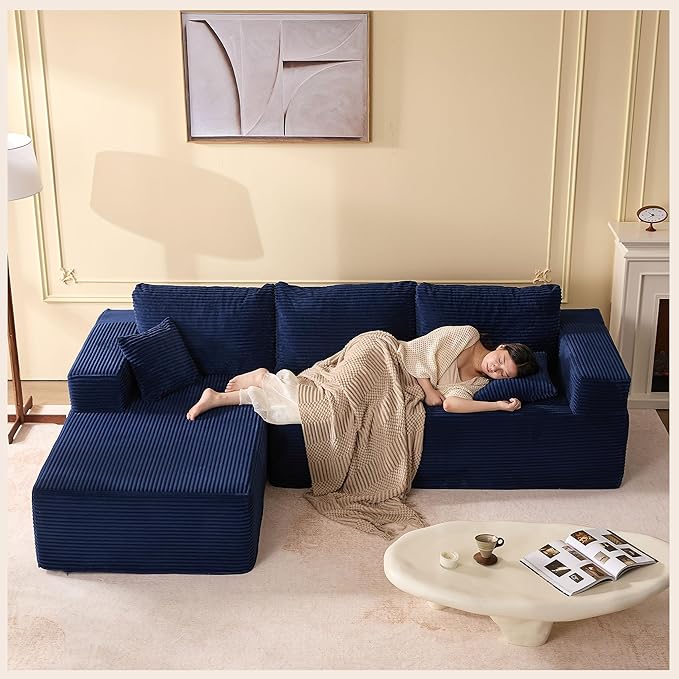 107" Boneless Couch with Deep Seat, Modular Sectional Sofa, Cloud Sectional Couch for Living Room, No Assembly Required, Corduroy, L-Shape Left，Blue