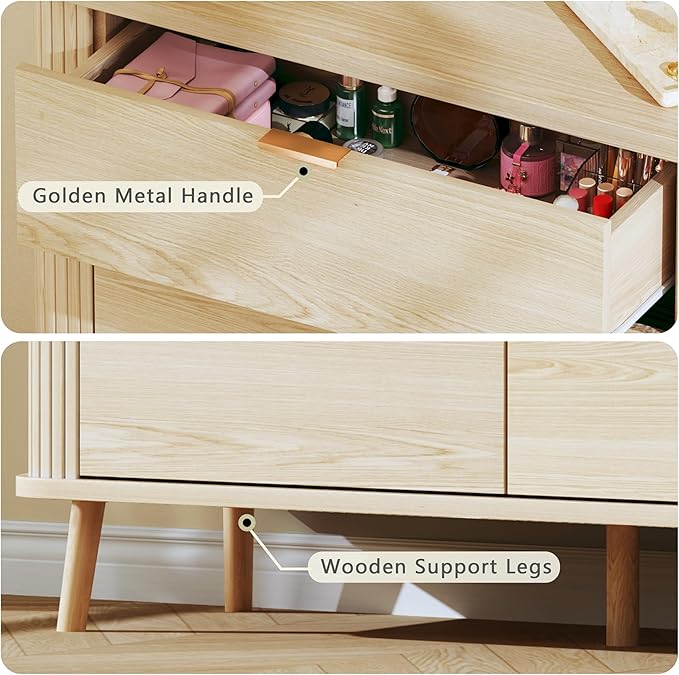 6 Drawers Dresser, Mid Century Modern Dresser for Bedroom, Curved Profile & Fluted Design, Wide Wood Chests of Drawers Storage for Entryway, Hallway, Oak