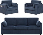 Living Room Sofa Set, Corduroy 3-Seat Couch with Set of 2 Accent Side Chairs, Soft Pillows and Side Pockets, Modern Living Room Furniture Sets for Apartment, Small Spaces, Navy Blue