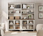 WAMPAT 5 Tier Bookshelf, Bookcase with Glass Doors,Large Farmhouse Display Book Shelf with Adjustable Shelves and Storage Cabinet，Library Wood Bookshelves for Living Room,Kitchen, Rustic White (2PCS)