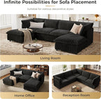 KKL Modular Sectional Couch for Living Room, V Shaped Corduroy Couches with Corner Seat, 5 Seater Oversized Sofa Convertible to Sleeper, Soft Fabric Modern Sofa, Black