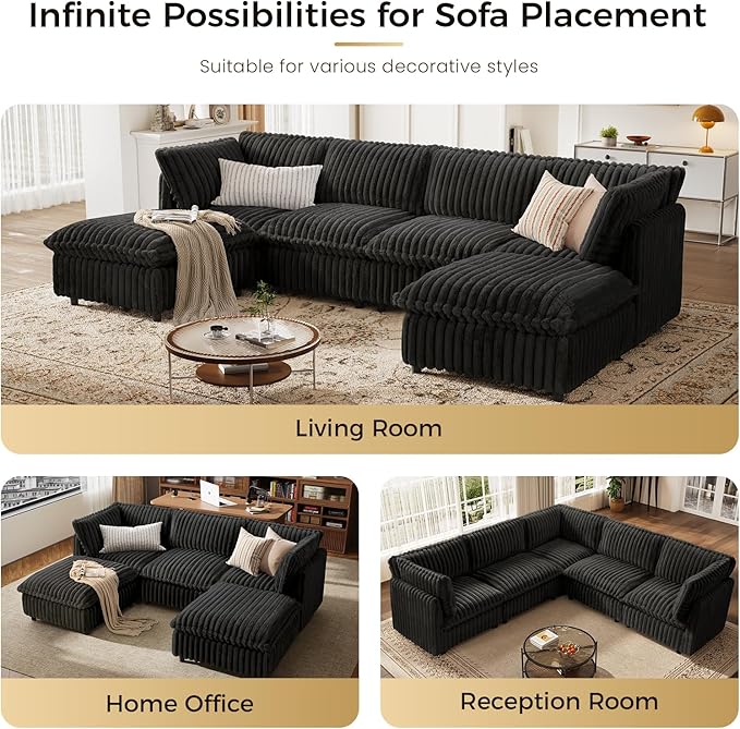KKL Modular Sectional Couch for Living Room, V Shaped Corduroy Couches with Corner Seat, 5 Seater Oversized Sofa Convertible to Sleeper, Soft Fabric Modern Sofa, Black