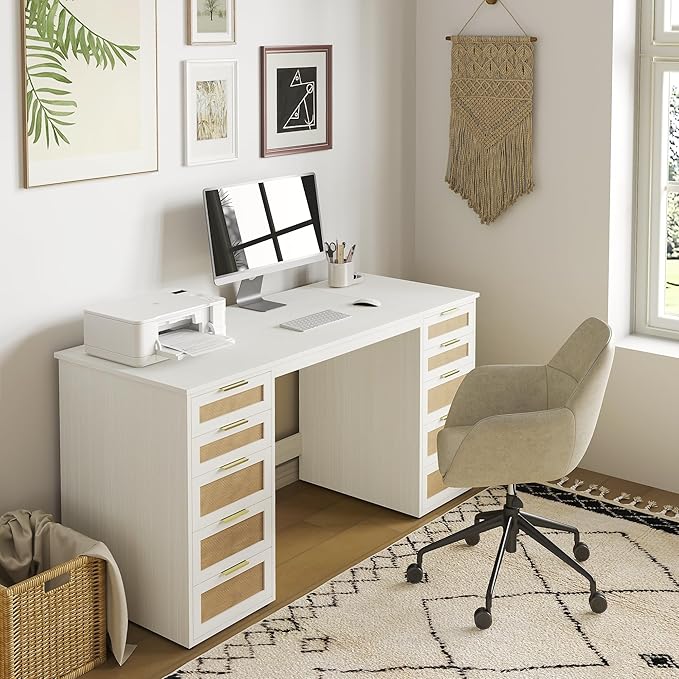 WOPITUES 60" Boho Home Office Desk with 10 Wooden Drawers, Rattan Computer Writing Desk with Power Outlets, Large Executive Desk with Storage Cabinet for Work Study Writing Craft, Wood-Grain White