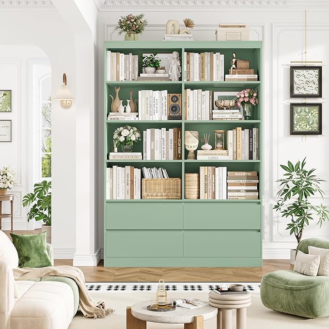FINETONES 71" Bookshelf with Drawers, 47.3" Double Wide Bookshelves and Bookcases with Storage, Tall Bookshelf Large Open Book Shelf Standing Book Case for Home Office, Green